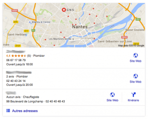 Résultats sur Google Maps suite à la recherche d'un plombier à Nantes