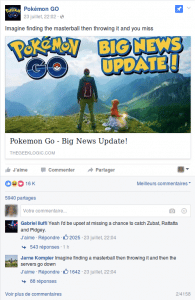 Post facebook du compte Pokemon Go